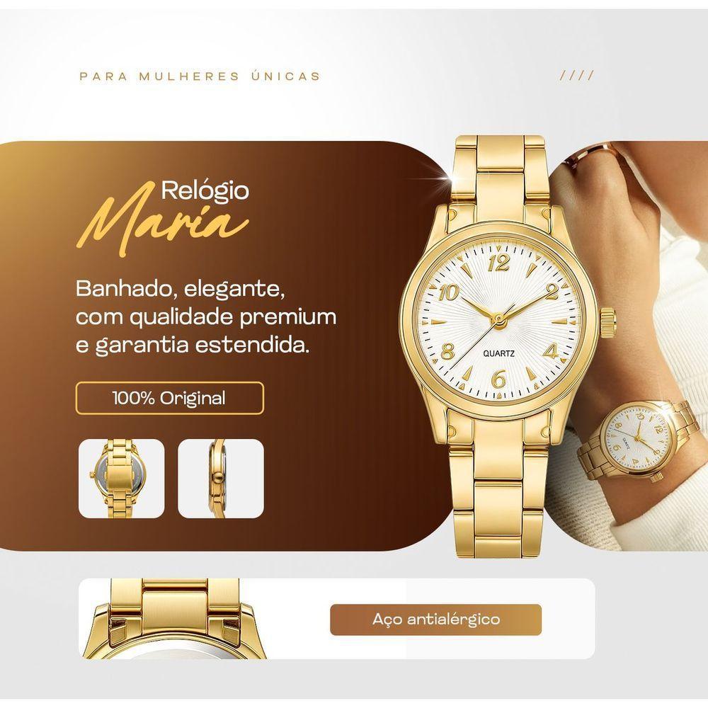 Relogio Feminino Aco Inox Banhado + Pulseira + Colar Brincos Analogico Ponteiro Pingente Social - 5