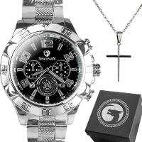 Relogio Masculino Prova Dagua Prata + Cordao Cruz + Caixa Qualidade Premium Resistente Catolico - 1