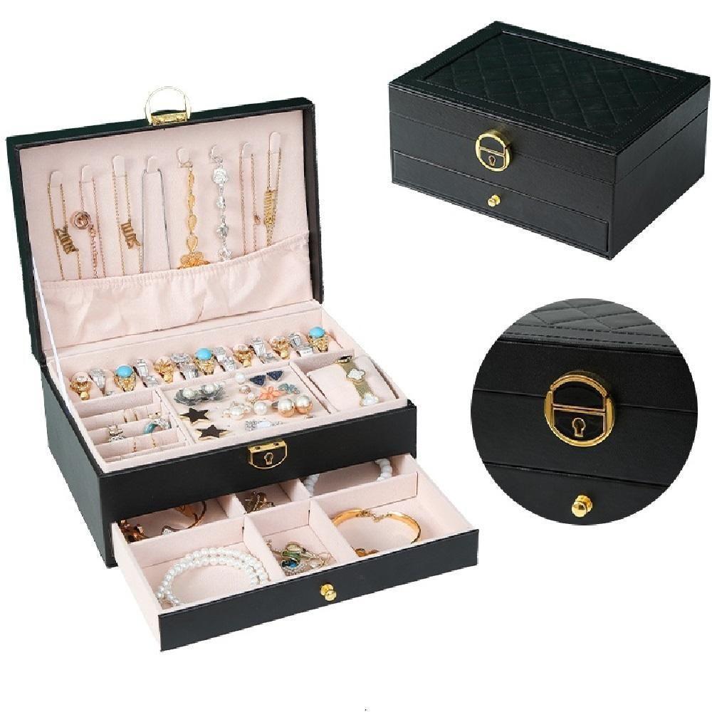 Maleta Caixa Porta Joias Estojo Organizador 2 Níveis Gaveta Anéis Brincos Pulseiras Relógio Preto - 1