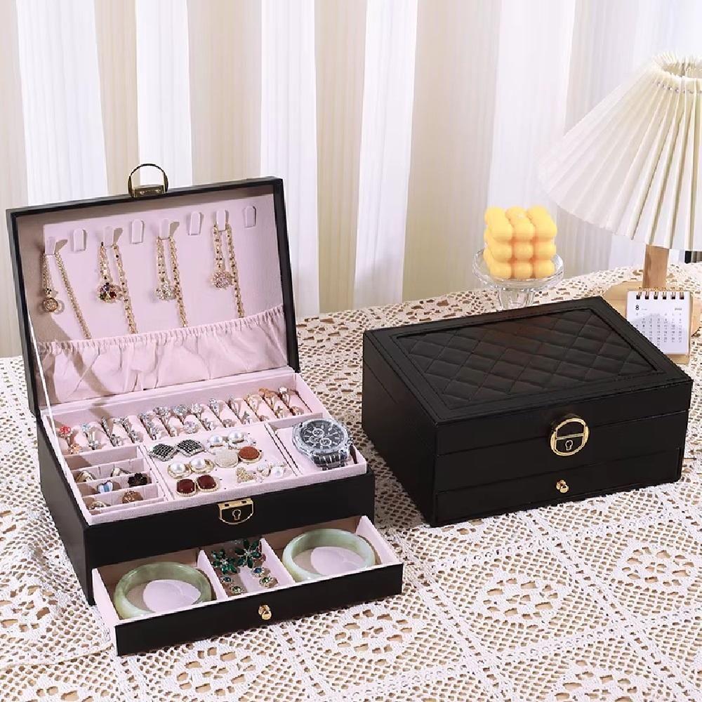 Maleta Caixa Porta Joias Estojo Organizador 2 Níveis Gaveta Anéis Brincos Pulseiras Relógio Preto - 2