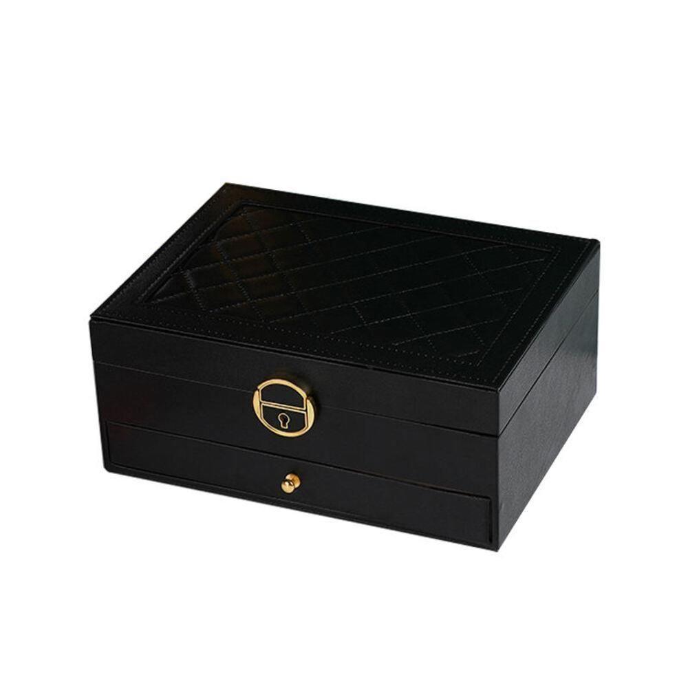 Maleta Caixa Porta Joias Estojo Organizador 2 Níveis Gaveta Anéis Brincos Pulseiras Relógio Preto - 5
