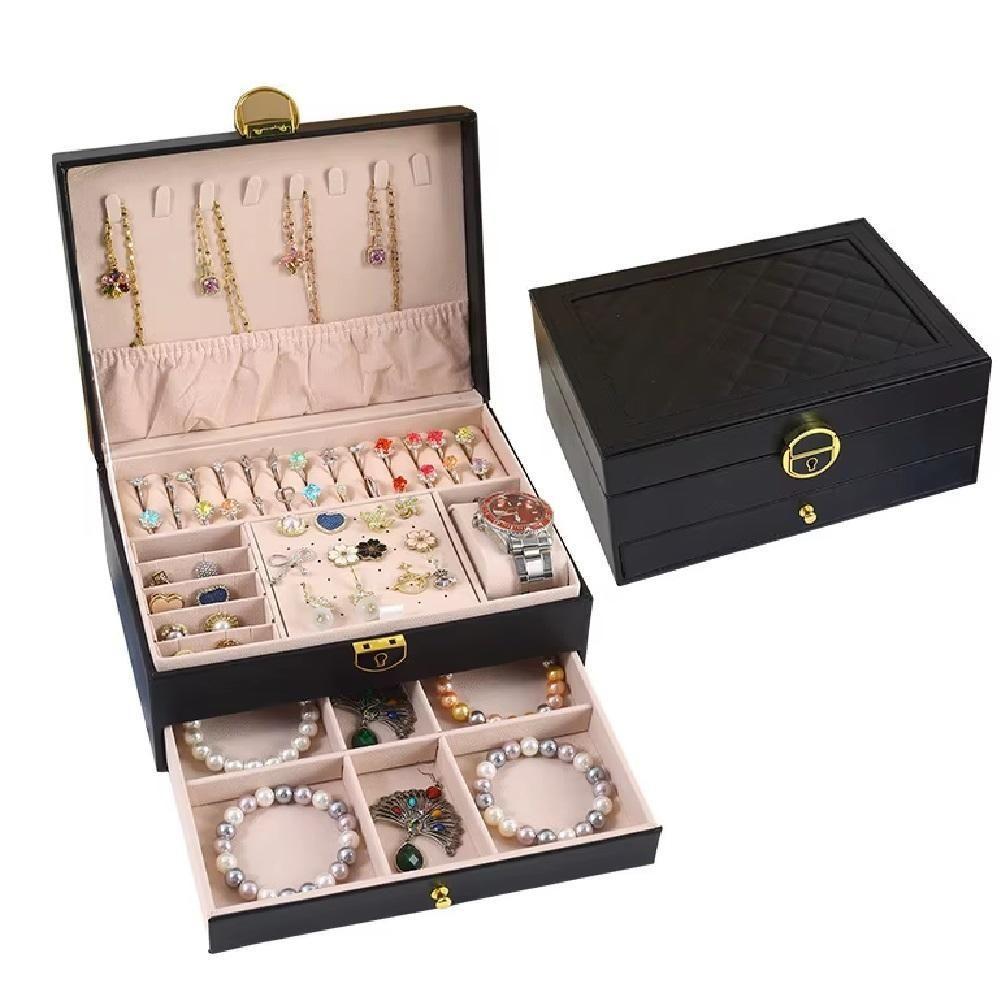 Maleta Caixa Porta Joias Estojo Organizador 2 Níveis Gaveta Anéis Brincos Pulseiras Relógio Preto - 6