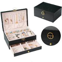 Maleta Caixa Porta Joias Estojo Organizador 2 Níveis Gaveta Anéis Brincos Pulseiras Relógio Preto - 1