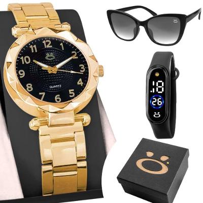 Relogio Feminino Aço + Caixa + Oculos + Bracelete Digital Ajustavel Ponteiro Banhado Mostrador Preto