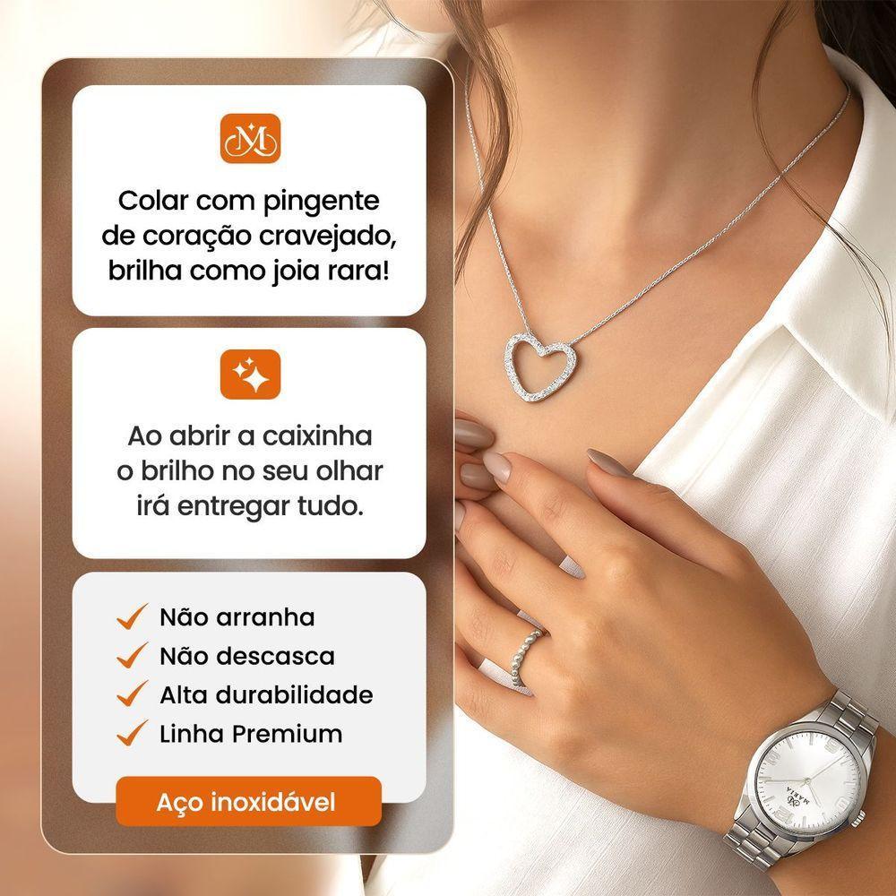 Relogio Aco Inox Prata Feminino + Caixa + Colar Coracao Ponteiro Strass Presente Casual Social - 2