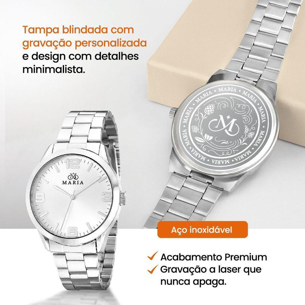 Relogio Aco Inox Prata Feminino + Caixa + Colar Coracao Ponteiro Strass Presente Casual Social - 5