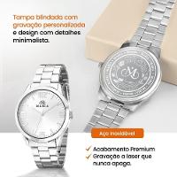 Relogio Aco Inox Prata Feminino + Caixa + Colar Coracao Ponteiro Strass Presente Casual Social - 5