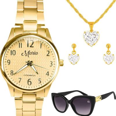 Relogio Banhado Feminino Aço Inox + Colar Brincos + Oculos Social Delicado Dourado Protecao Uv Preto