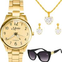 Relogio Banhado Feminino Aço Inox + Colar Brincos + Oculos Social Delicado Dourado Protecao Uv Preto - 1