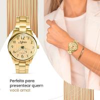 Relogio Banhado Feminino Aço Inox + Colar Brincos + Oculos Social Delicado Dourado Protecao Uv Preto - 2