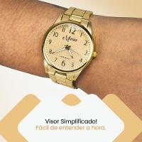 Relogio Banhado Feminino Aço Inox + Colar Brincos + Oculos Social Delicado Dourado Protecao Uv Preto - 6