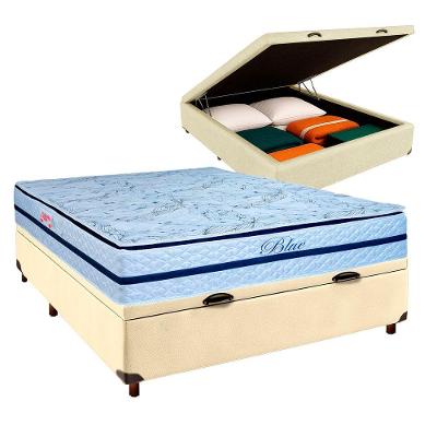 Conjunto Cama Box Bau Bege Casal + Colchão Molas Ensacadas Blue Paropas