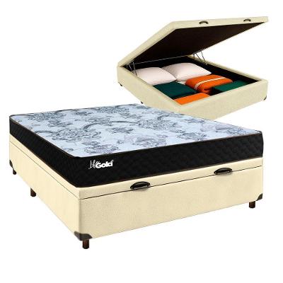 Conjunto Cama Box Bau Bege Casal + Colchão Molas Ensacadas Life Gold Paropas