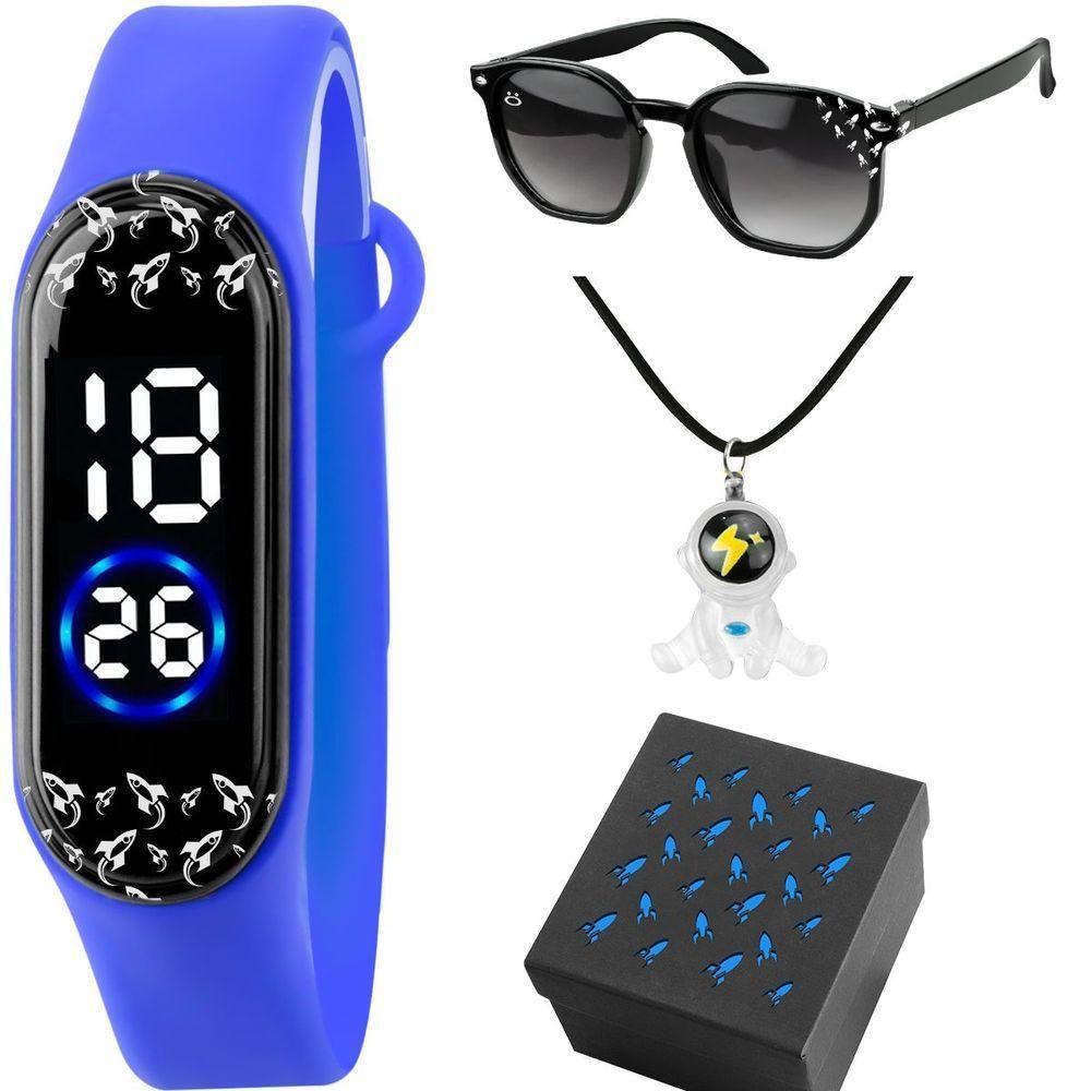 Relogio Infantil Azul Digital + Oculos Sol Menino Foguete Prova Dagua Original Garoto Social Acetato - 1