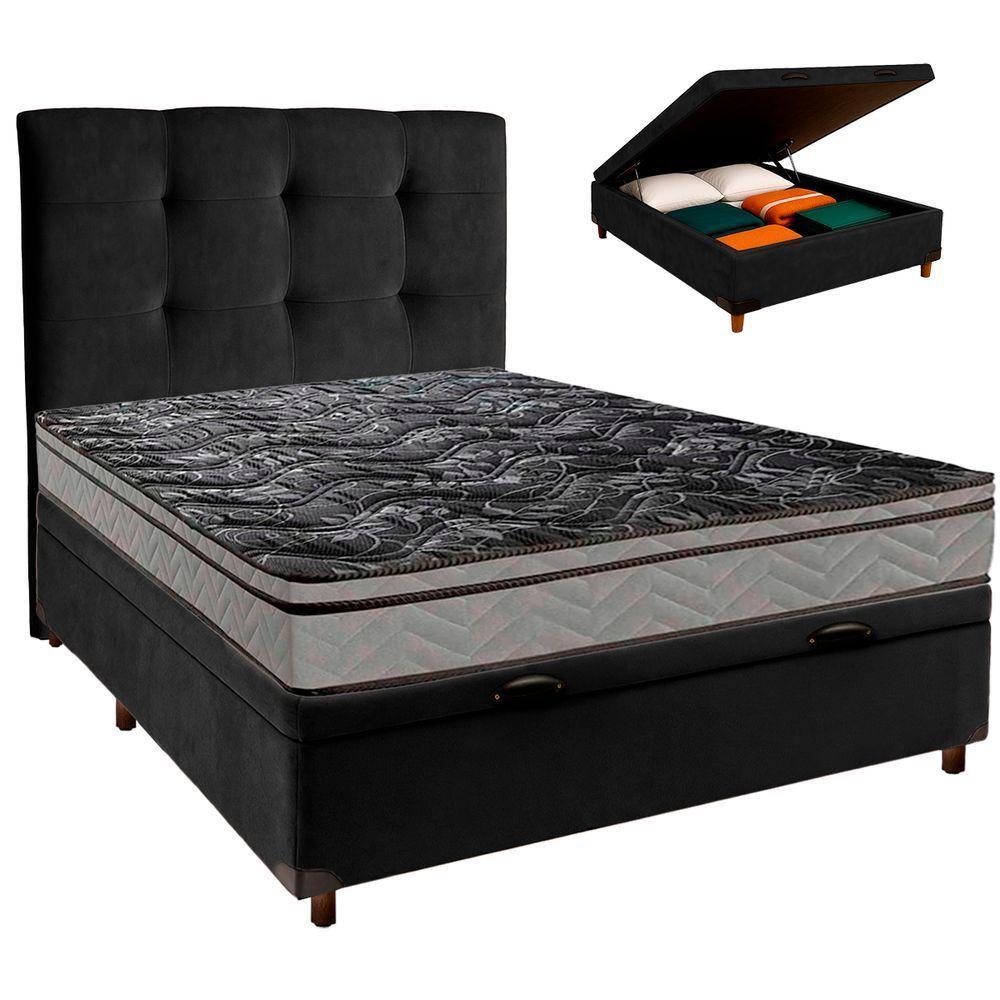 Conjunto Cama Box Bau Preto Casal + Colchão D28 Conforto Paropas + Cabeceira - 1