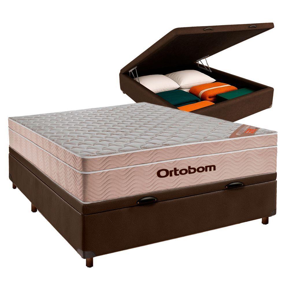 Cama Box Bau Marrom Casal + Colchão Molas Ensacadas Airtech Ortobom - 1