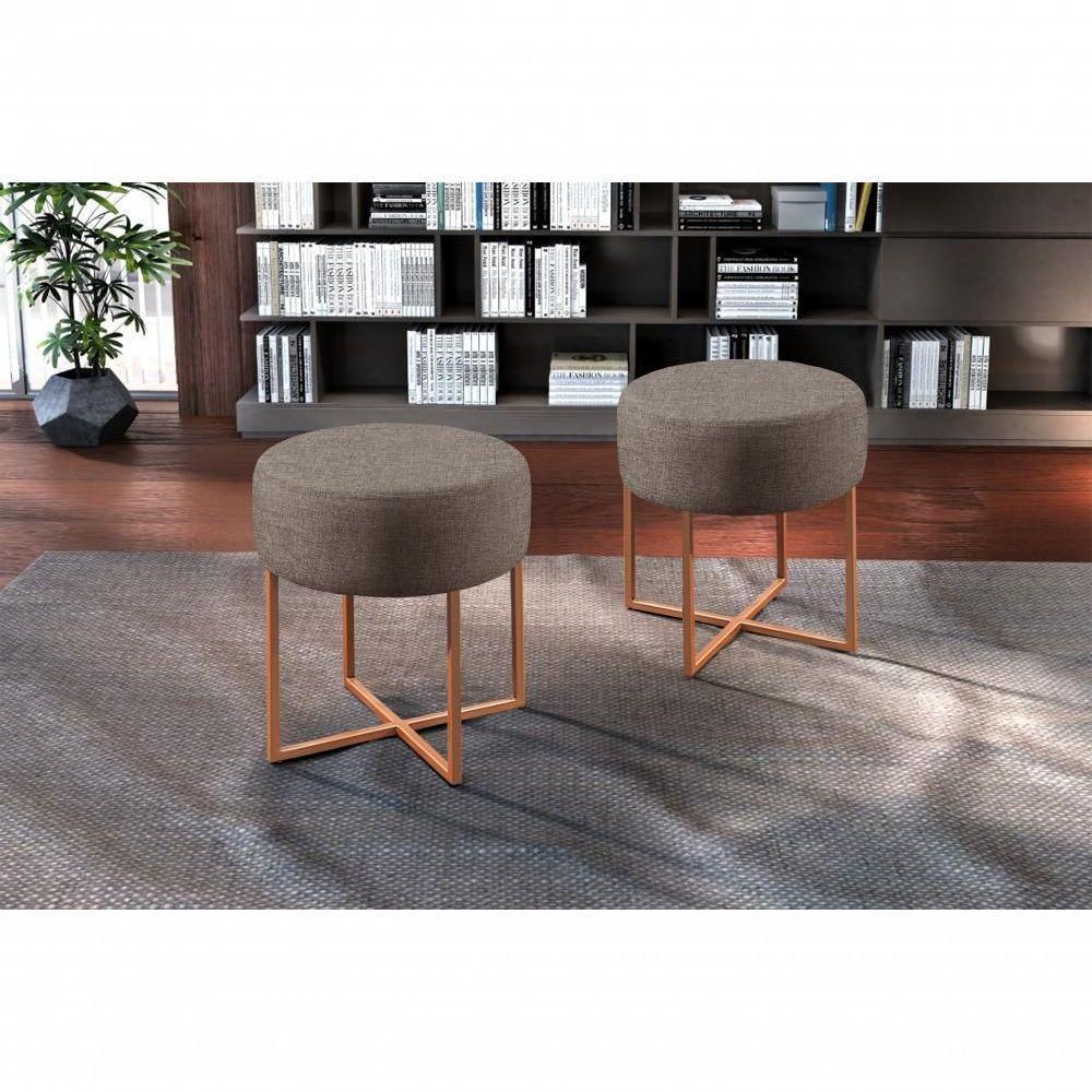 Puff Banqueta Otávio Luxo Base Bronze Castellar Móbile Linho Cappuccino - 4