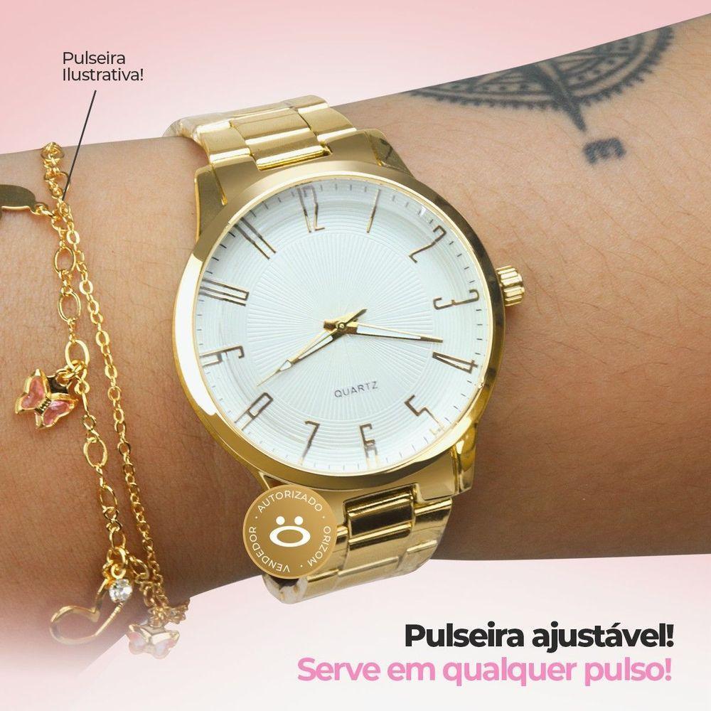 Relogio Feminino Prova Dagua + Colar Ponto Luz Dourado Aço Qualidade Premium Original Casual Social - 2