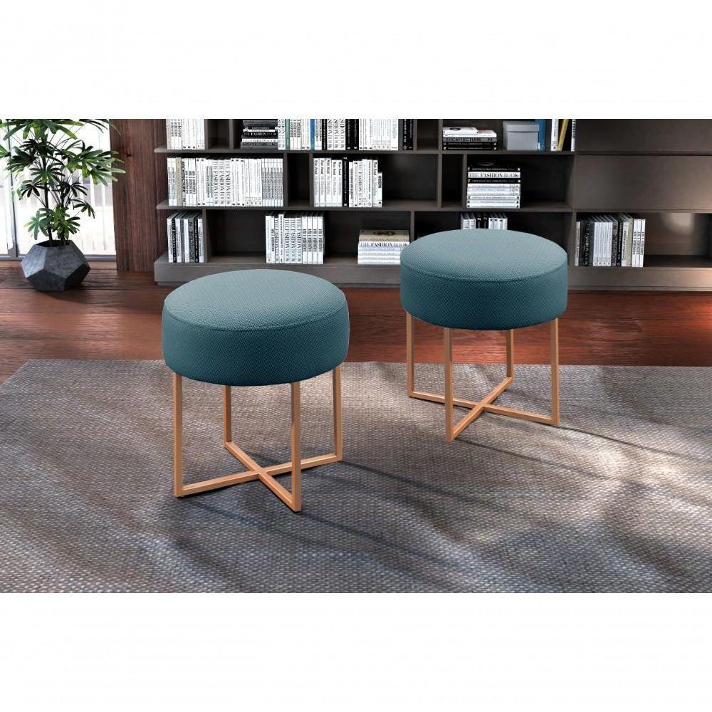 Puff Banqueta Otávio Luxo Base Bronze Castellar Móbile Linho Azul - 4