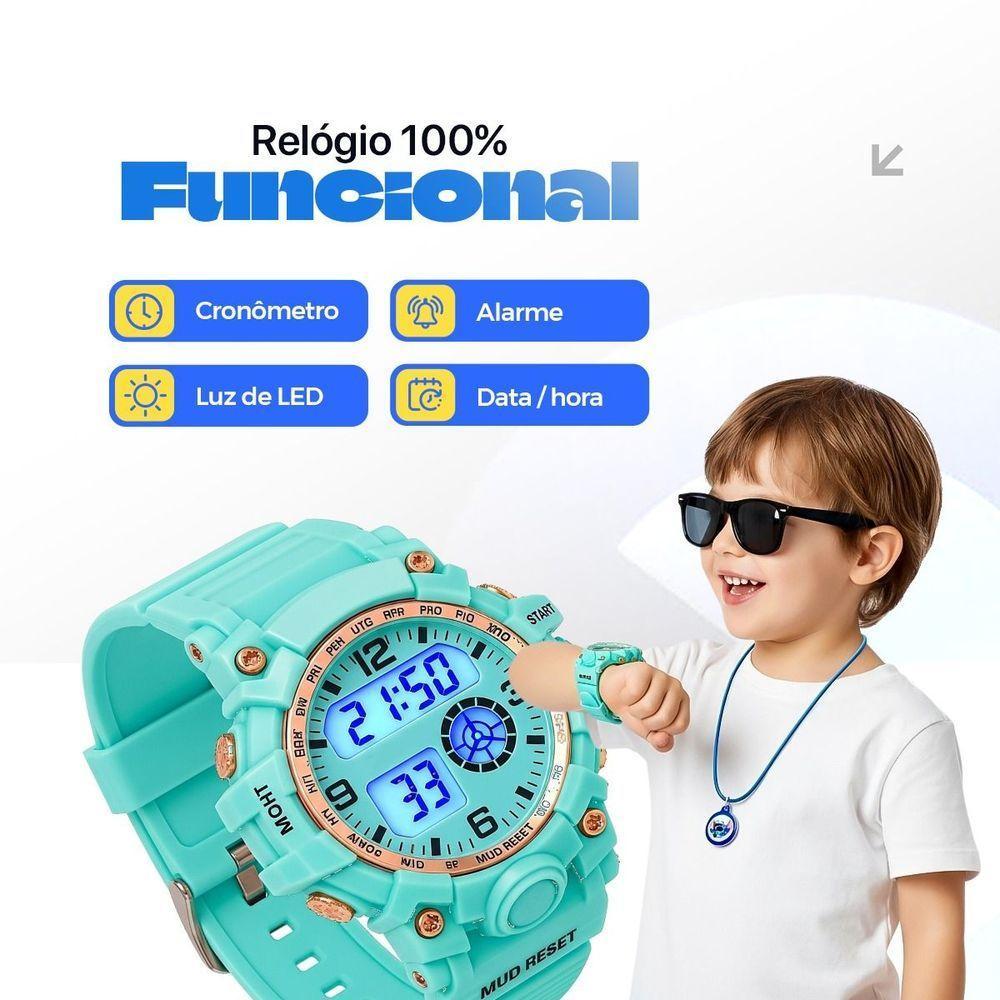 Relogio Digital Azul Led Infantil + Caixa Colar Qualidade Premium Menina Crianca Presente Silicone - 5