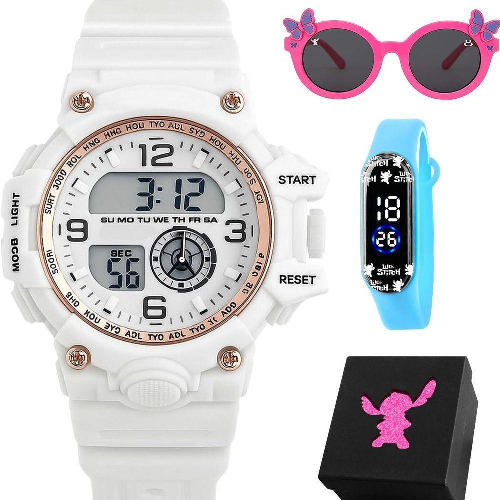 Relogio Digital Infantil Led Rosa + Oculos Sol Presente Qualidade Premium Pulseira Ajustavel Crianca - 1