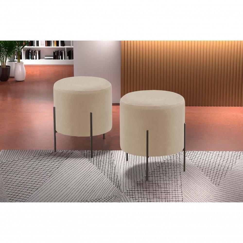 Puff Banqueta Odim Luxo Base Preta Castellar Móbile Veludo Bege Claro - 4