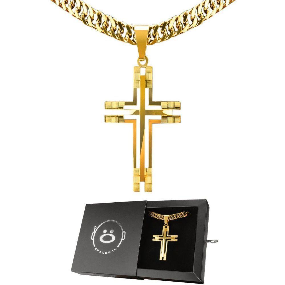 Corrente Banhada Ouro Aço + Pingente Crucifixo Grande + Caixa Casual Qualidade Premium Dourado - 1