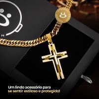 Corrente Banhada Ouro Aço + Pingente Crucifixo Grande + Caixa Casual Qualidade Premium Dourado - 5