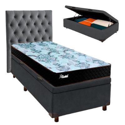 Conjunto Cama Box Bau Cinza Solteiro + Colchão Molas Ensacadas Life Gold Paropas + Cabeceira