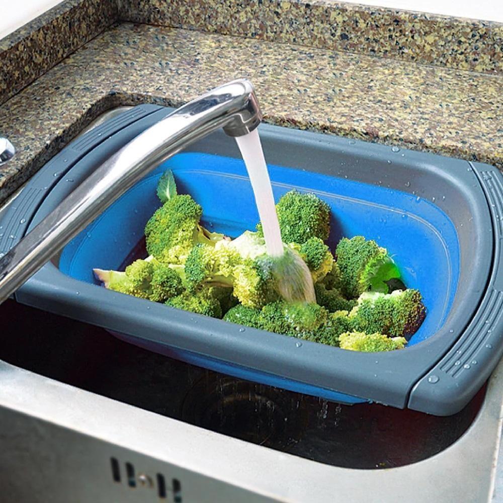 Escorredor Pia Silicone Retrátil Alça Ajustável Massas Macarrão Legumes Frutas Grande Azul - 5