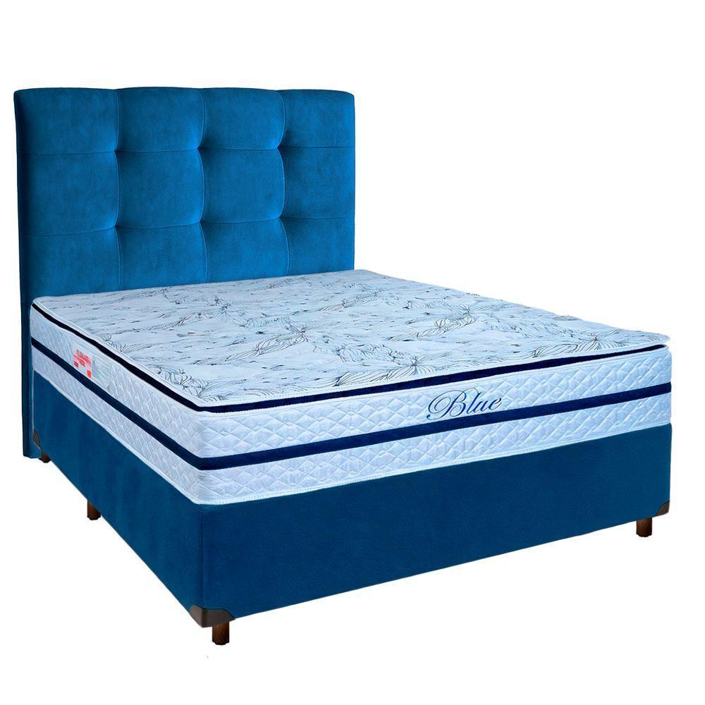 Conjunto Cama Box Azul Casal + Colchão Molas Ensacadas Blue Paropas + Cabeceira - 1