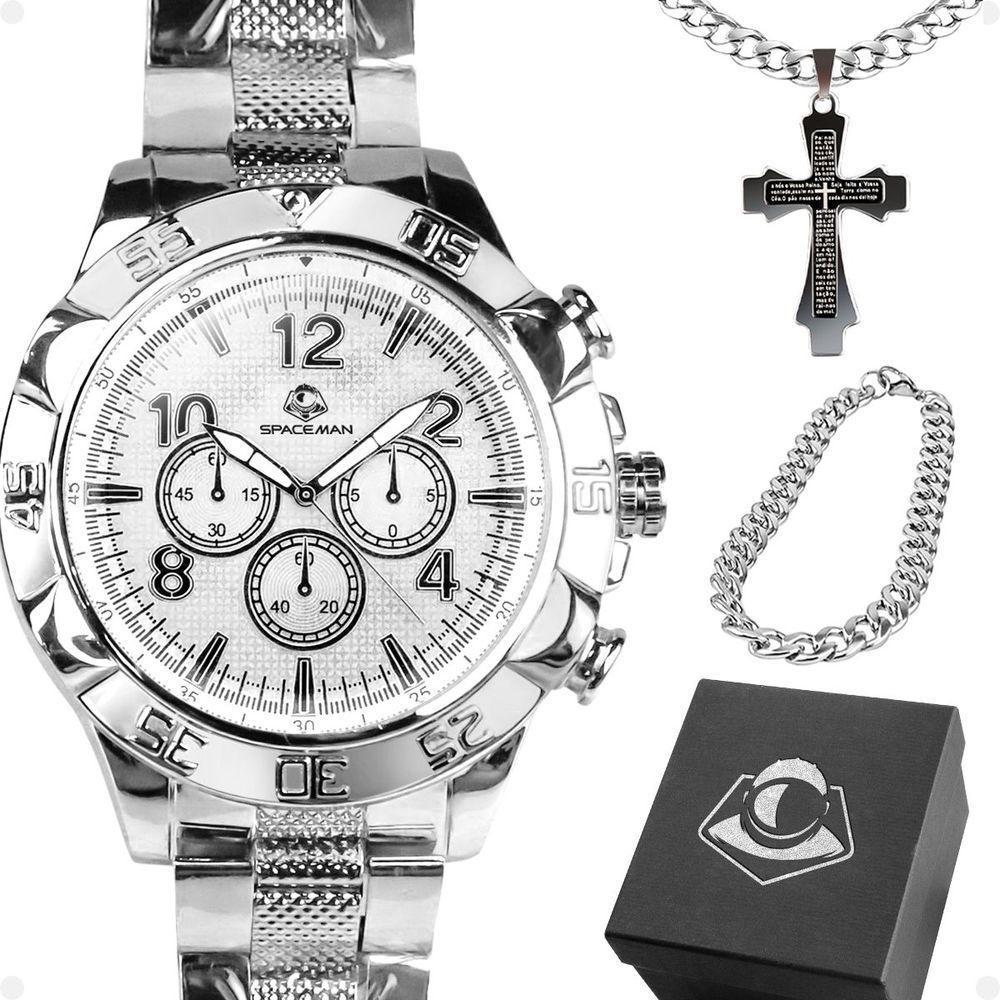 Relogio Masculino Prata Aço Inox + Cordão + Pulseira Grumet Religioso Caixa Social Original Catolico - 1