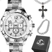Relogio Masculino Prata Aço Inox + Cordão + Pulseira Grumet Religioso Caixa Social Original Catolico - 1