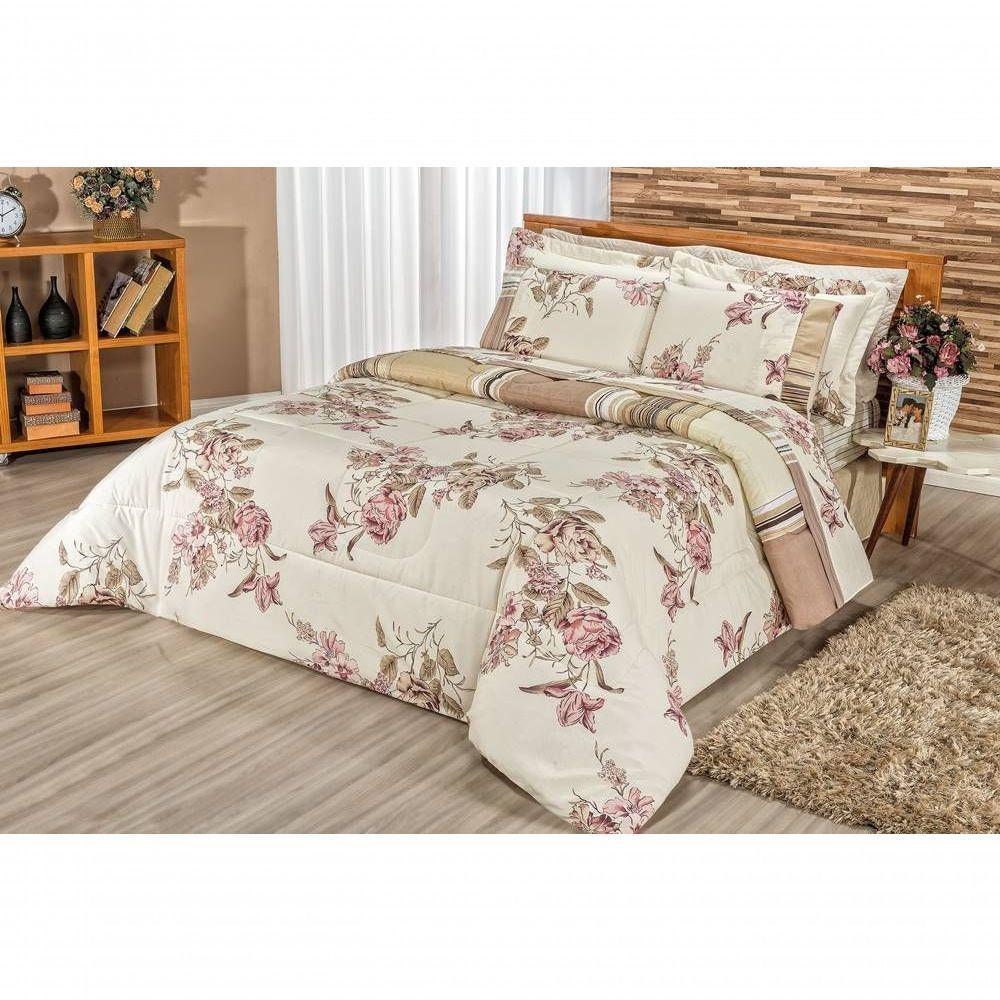 Edredom Percal 180 Fios Requinte Gran Moratta 2,60m X 2,40m 1 Peça - 80% Algodão 20% Poliéster - Floral Cáqui - 1