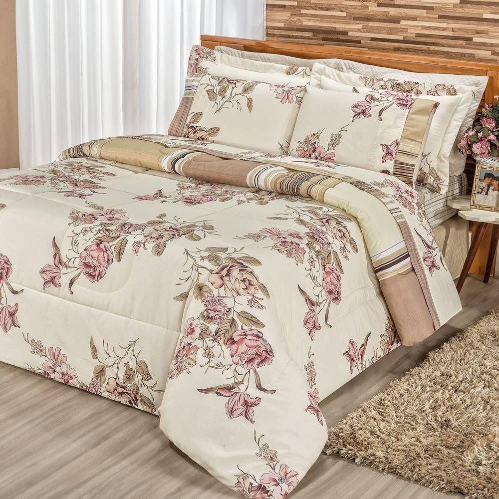 Edredom Percal 180 Fios Requinte Gran Moratta 2,60m X 2,40m 1 Peça - 80% Algodão 20% Poliéster - Floral Cáqui - 4