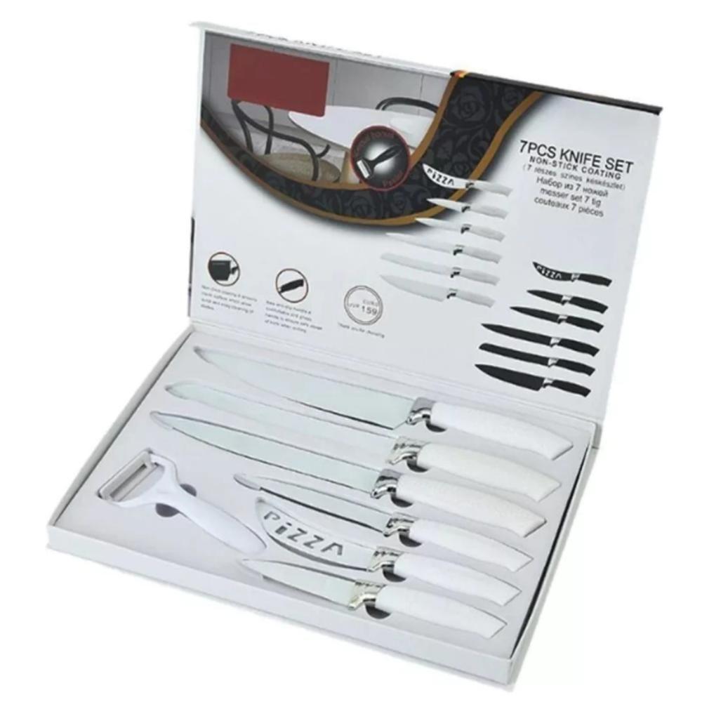 Conjunto Facas Cozinha Ceramica Branca 7 Peças Kit Profissional Churrasco Carnes Paes Pizza Com - 1