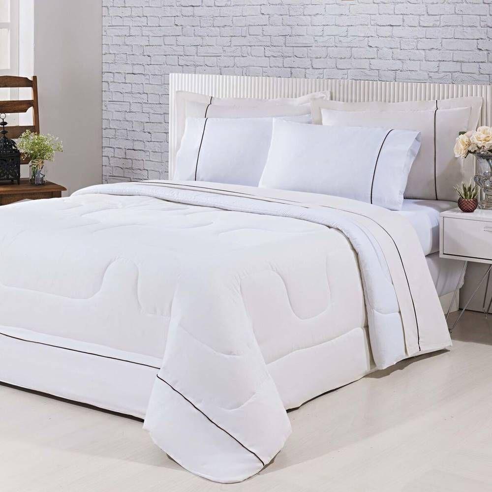 Kit Edredom 100% Algodão Percal 150 Fios Dupla Face King + Jogo De Cama Gran Moratta 7 Peças - Branco/ Palha - 1