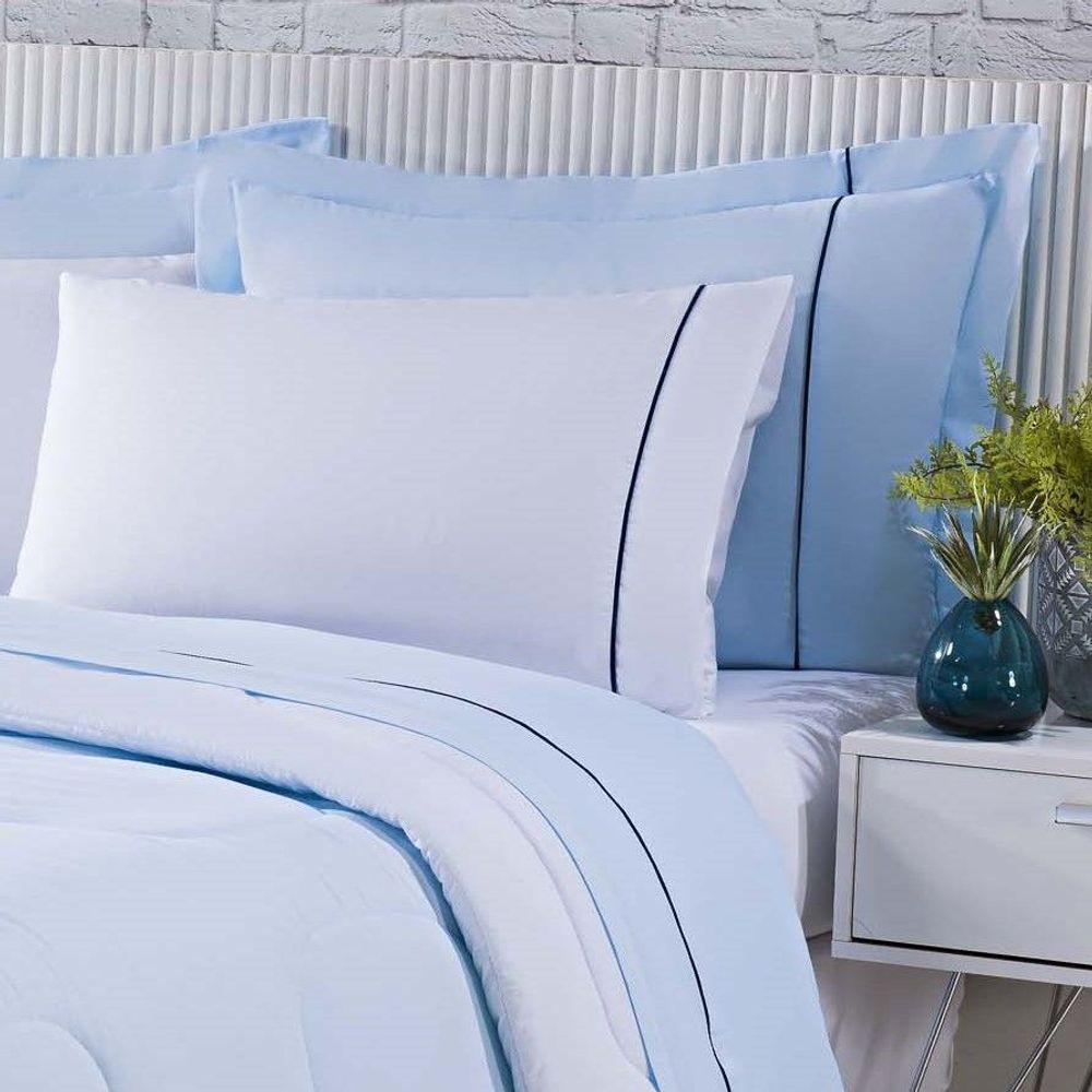 Kit Edredom 100% Algodão Percal 150 Fios Dupla Face King + Jogo De Cama Gran Moratta 7 Peças - Branco/ Azul - 3