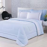 Kit Edredom 100% Algodão Percal 150 Fios Dupla Face King + Jogo De Cama Gran Moratta 7 Peças - Branco/ Azul - 1