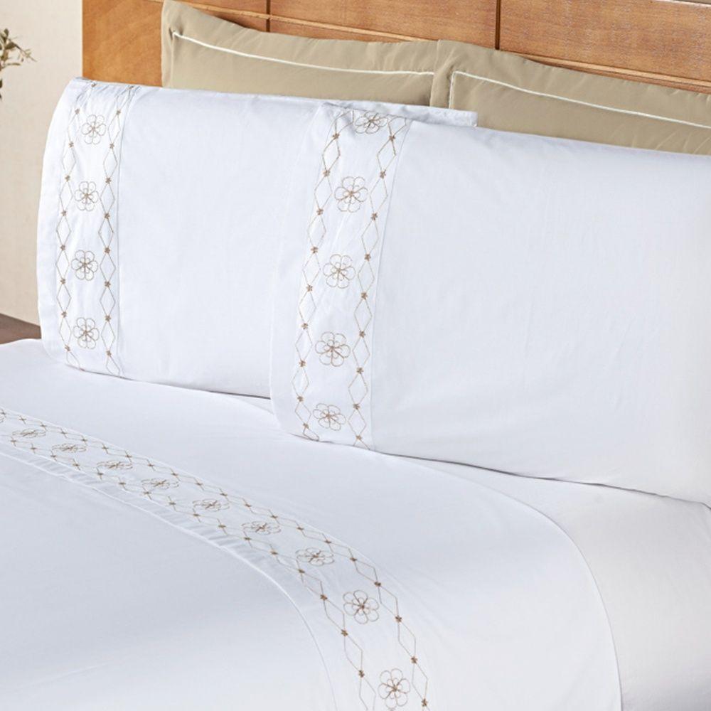 Jogo De Cama Damasco King 4 Peças 100% Poliéster 200 Fios - Branco/bege - 1