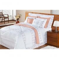 Kit Edredom Damasco King 11 Peças 100% Poliéster 200 Fios - Branco/salmao - 3