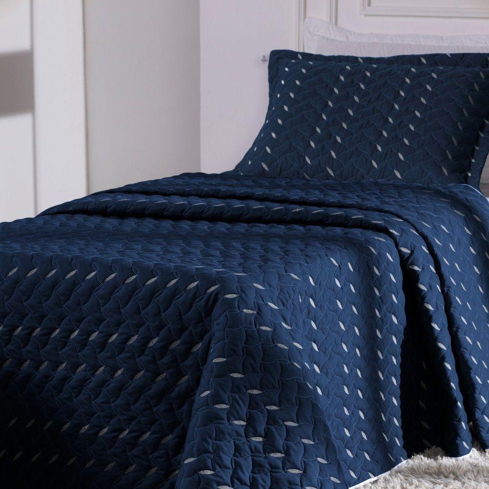 Cobre Leito Bordado 400 Fios Heitor Solteiro 100% Poliéster - Azul Marinho - 4