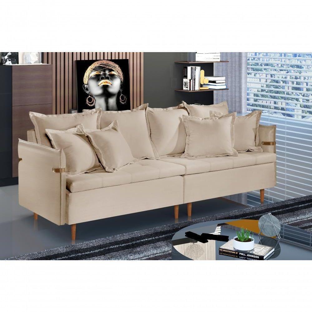 Sofá Fixo Atlas 3 Lugares Luxo 2,00 M Castellar Móbile Veludo Bege Claro - 4