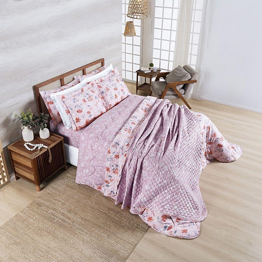 Cobre Leito + Jogo De Cama Afeto 400 Fios Queen 07 Peças 100% Poliéster - Flora - 1