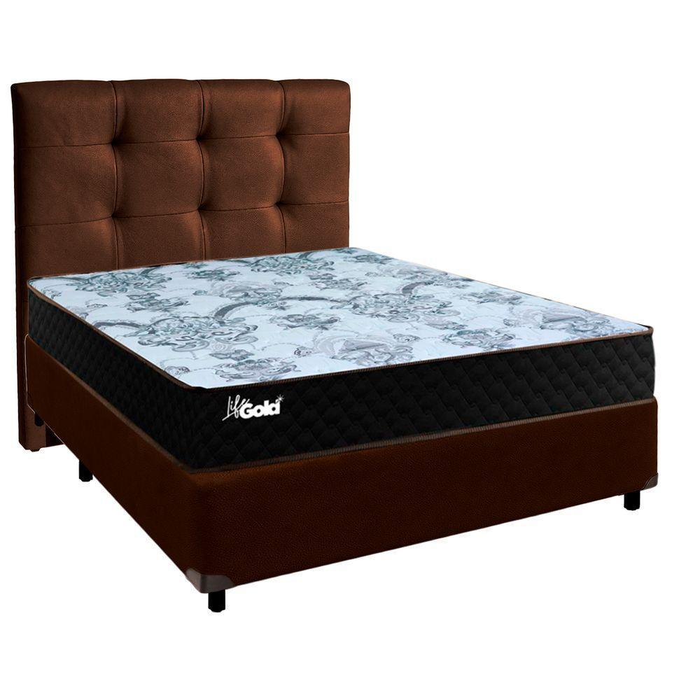 Conjunto Cama Box Marrom Casal + Colchão Molas Ensacadas Life Gold Paropas + Cabeceira - 1