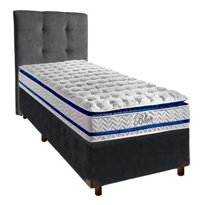 Conjunto Cama Box Cinza Solteiro + Colchão Molas Ensacadas Blue Paropas + Cabeceira