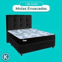 Conjunto Cama Box Preto Casal + Colchão Molas Ensacadas Life Gold Paropas + Cabeceira