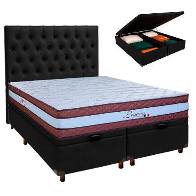 Conjunto Cama Box Bau Blindado Queen + Colchão Molas Ensacadas Legaccy Paropas + Cabeceira