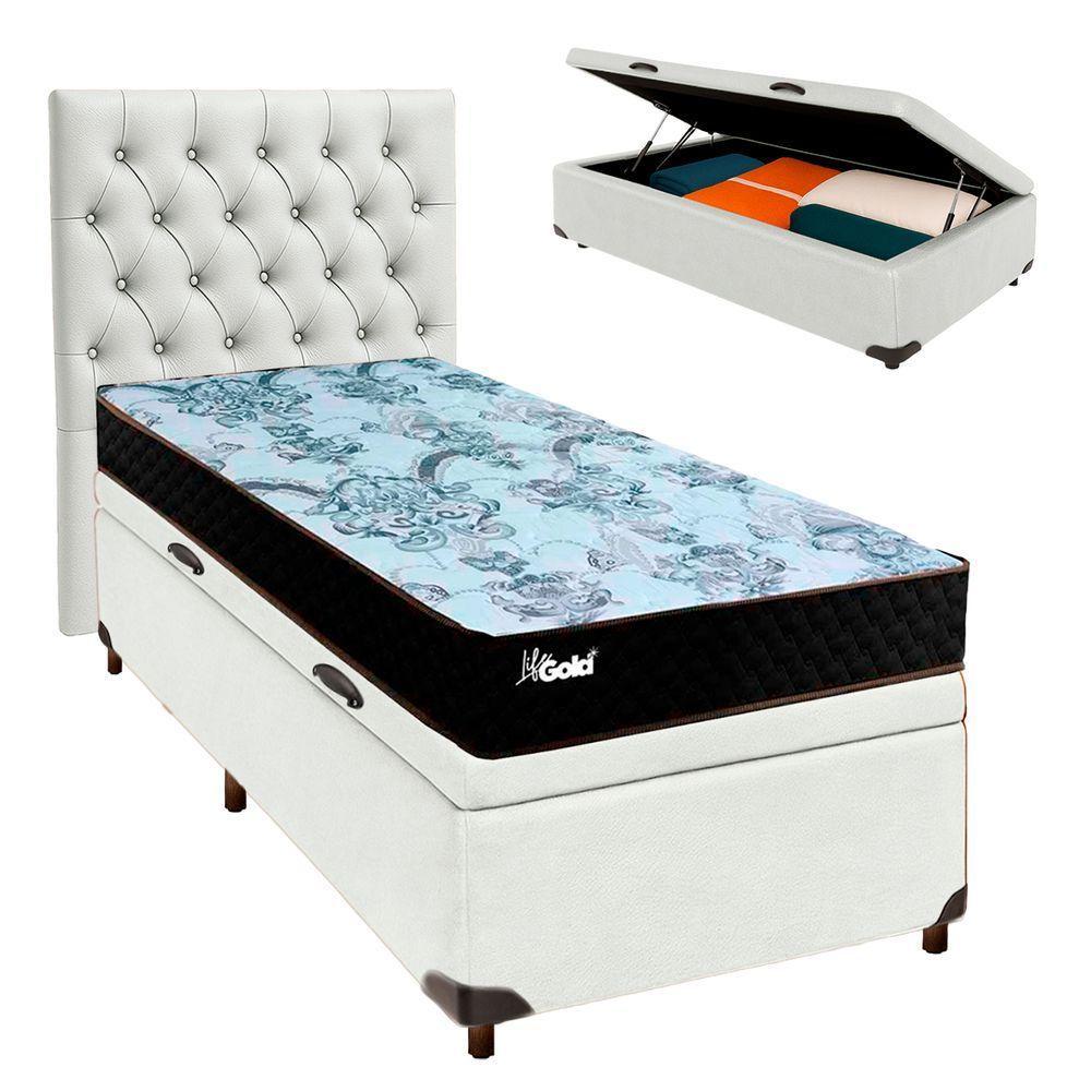 Conjunto Cama Box Bau Branco Solteiro + Colchão Molas Ensacadas Life Gold Paropas + Cabeceira - 1
