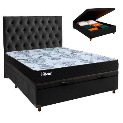 Conjunto Cama Box Bau Preto Casal + Colchão Molas Ensacadas Life Gold Paropas + Cabeceira